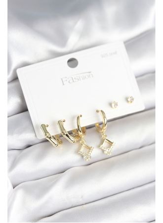 Pirinç Gold Renk 925 Ayar Gümüş Çivili Kadın Küpe Seti