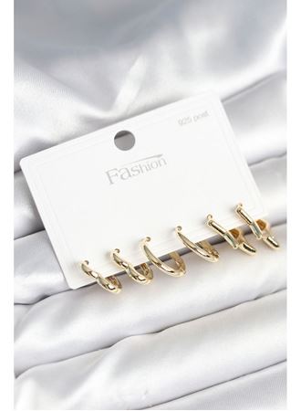 Pirinç Gold Renk Kalp Yıldız ve Halka Model 925 Ayar Gümüş Çivili Kadın Küpe Seti