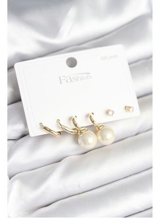 Gold Renk Pirinç 925 Ayar Gümüş Çivili Kadın Küpe Seti