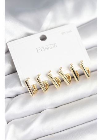 Gold Renk Kare Model Pirinç 925 Ayar Gümüş Çivili Kadın Küpe Seti