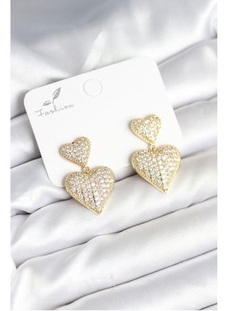Kalp Model Zirkon Taşlı Gold Renk Pirinç Kadın Küpe