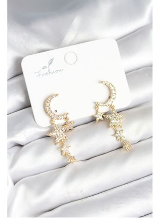 Ay ve Yıldız Model Gold Renk Pirinç Kadın Küpe