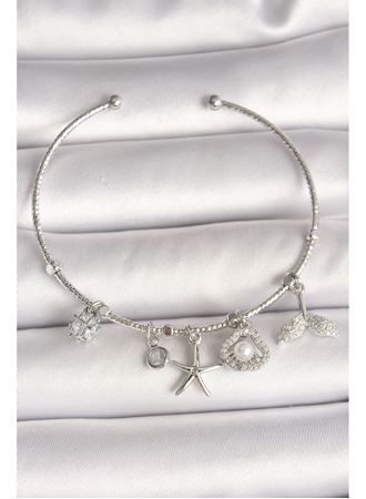 Pirinç Gümüş Renk Sallantı Zirkon Taşlı Deniz Yıldız Figür Balık Kuyruğu Detay Charm Kadın Bileklik