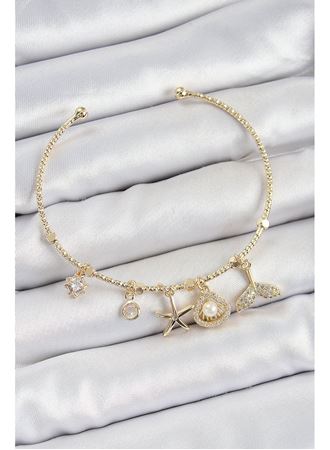 Pirinç Zirkon Taşlı İstiridye Ve Deniz Yıldızı Model Gold Renk Charm Bileklik