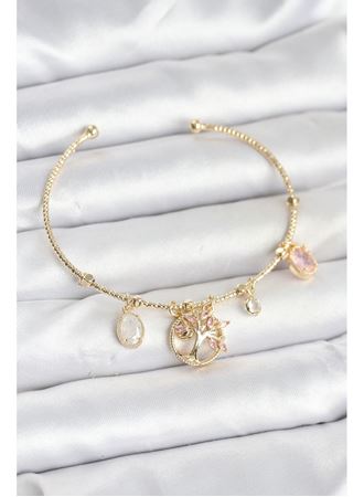 Hayat Ağacı Charmlı Gold Renk Pirinç Kadın Bileklik