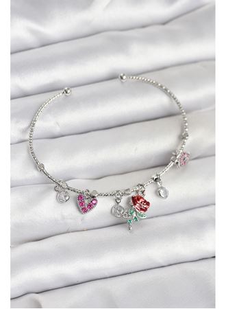 Gül Charmlı Gümüş Renk Pirinç Kadın Bileklik