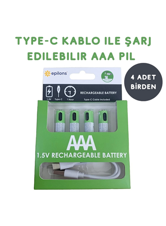 Usb Type-C ile Şarjolabilen 4 Adet AAA 1.5V Lityum Şarjlı Kalem Pil 750 mAH Uzun Ömürlü (