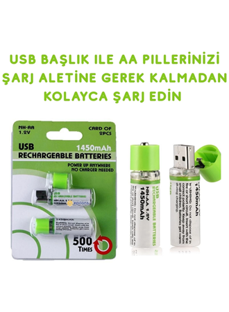 Usb ile Şarj Olabilen 2 li 1450 mah Lityum Şarjlı Kalem Pil (