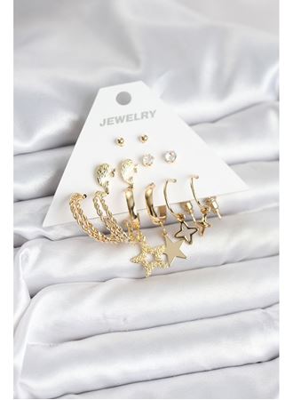 Gold Renk Yıldızlı Set 6 Çift Kadın Küpe Seti