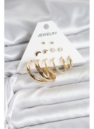 Gold Renk 6 Çiftli Pirinç Kadın Küpe Seti