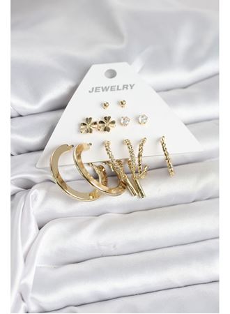 Pirinç Gold Renk 6 Çift Kadın Küpe Seti