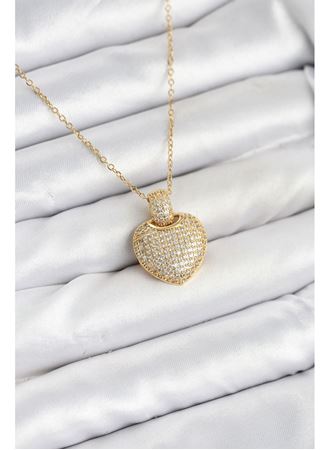 316L Çelik Zincir Gold Renk Zirkon Taşlı Kalpli Kadın Kolye