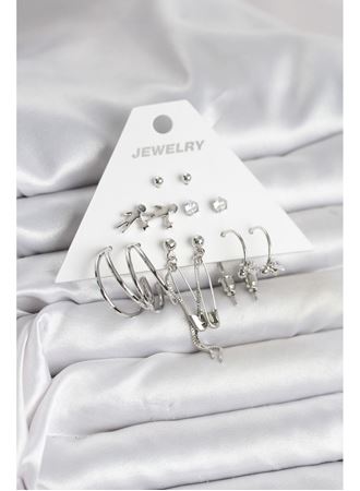 Pirinç Gümüş Renk 6'lı Kadın Küpe Seti