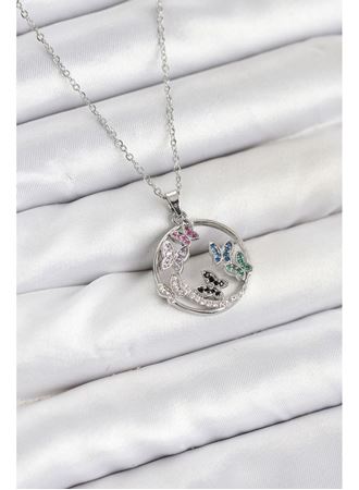 316L Çelik Zincir Gümüş Renk Zirkon Taşlı Kelebekli Kadın Kolye