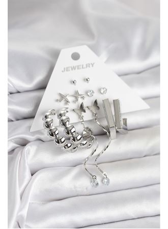 Gümüş Renk Pirinç 6'lı Kadın Küpe Seti