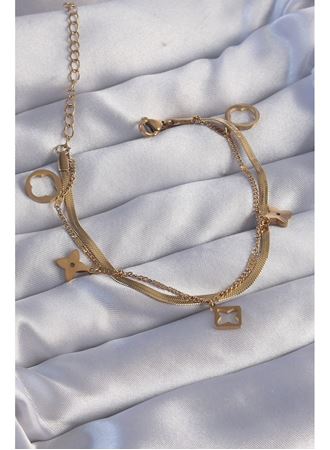 316L Çelik Gold Renk Çift Zincir Yonca Tasarım Bileklik