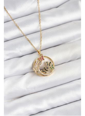 316L Çelik Zincir Gold Renk Zirkon Taşlı Kelebekli Kadın Kolye