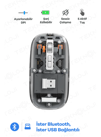 Bluetooth USB Çift Modlu Sessiz Mouse, Şeffaf Mıknatıslı Kapaklı, Type-C Şarjlı, DPI Ayarlı, Kablosuz 10m Çekim Mesafeli, Masaüstü Kısayol Tuşlu, Taşınabilir Şarjlı Mouse Siyah (