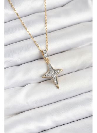 316L Çelik Zincir Gold Renk Kutup Yıldızı Model Zirkon Taşlı Kadın Kolye