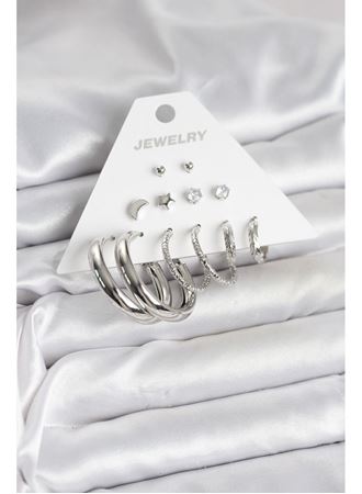 Pirinç Gümüş Renk Halka Modelli 6 Çift Kadın Küpe