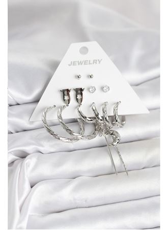 Gümüş Renk Pirinç 6'lı Kadın Küpe Seti