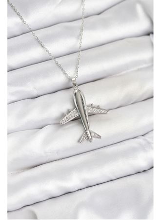 316L Çelik Zincir Gümüş Renk Uçak Model Kadın Kolye