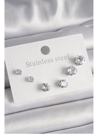 316L Çelik Gümüş Renk Zirkon Taşlı Kalp Model Kadın Küpe Seti