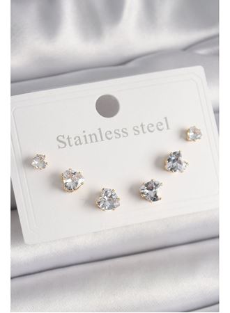 316L Çelik Gold Renk Zirkon Taşlı Kalp Model Kadın Küpe Seti