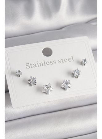 316L Çelik Gümüş Renk Zirkon Taşlı Yıldız Model Kadın Küpe Seti