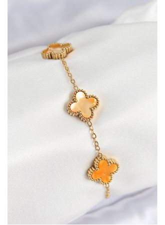 316L Çelik Sedefli Turuncu Gold Renk Yonca Kadın Bileklik