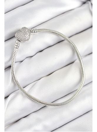 Pirinç Charm Zirkon Taşlı Kalp Model Gümüş Renk Kadın Bileklik