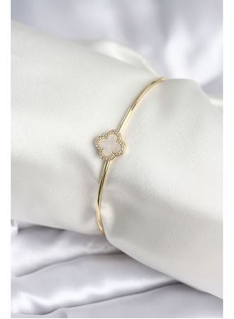 Beyaz Sedefli Yonca Model Gold Renk Kadın Bileklik