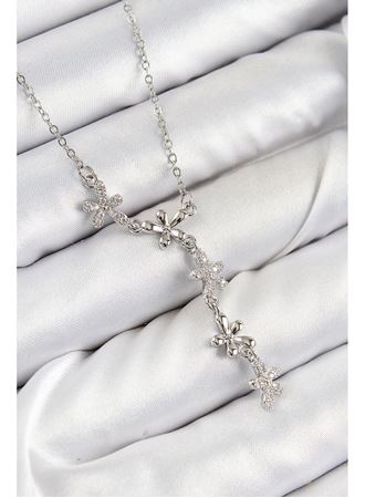 316L Çelik Zirkon Taşlı Çiçek Model Gümüş Renk Kadın Kolye