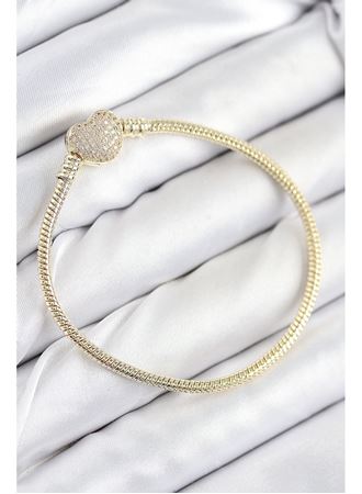 Pirinç Charm Zirkon Taşlı Kalp Model Gold Renk Kadın Bileklik