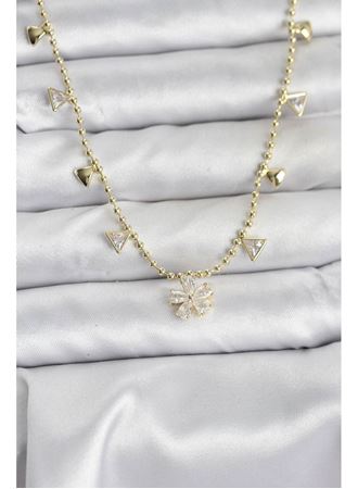 Pirinç Gold Renk Zirkon Taşlı Çiçek Model Kadın Kolye