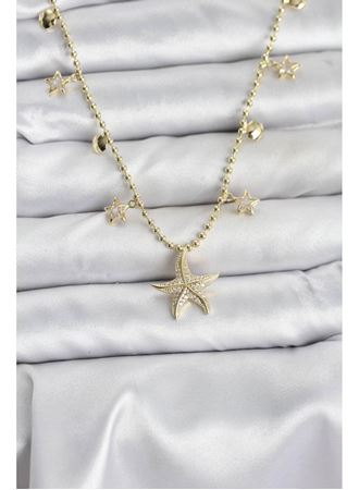 Pirinç Gold Renk Zirkon Taşlı Deniz Yıldızı Model Kadın Kolye