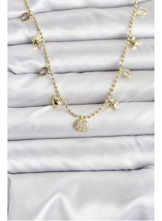 Pirinç Gold Renk Zirkon Taşlı Deniz Kabuğu Model Kadın Kolye