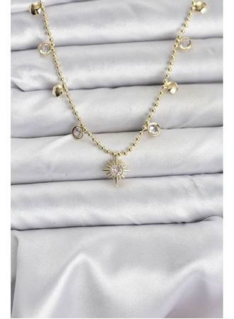 Zirkon Taşlı Kutup Yıldızı Model Pirinç Gold Renk Kadın Kolye