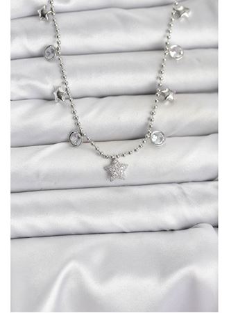Pirinç Gümüş Renk Yıldız Model Kadın Kolye