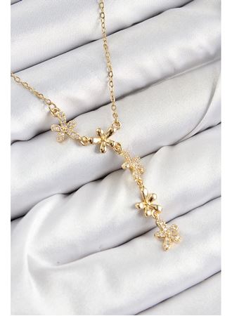 316L Çelik Zirkon Taşlı Çiçek Model Gold Renk Kadın Kolye