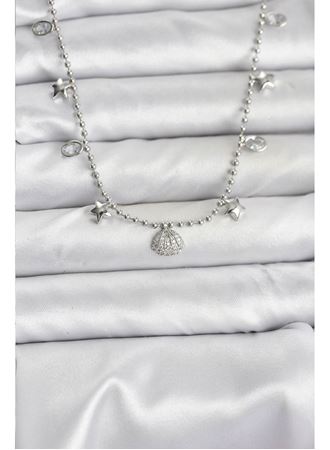 Pirinç Gümüş Renk Zirkon Taşlı Deniz Kabuğu Model Kadın Kolye