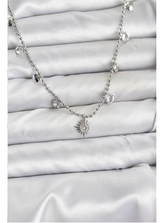 Zirkon Taşlı Kutup Yıldızı Model Pirinç Gümüş Renk Kadın Kolye