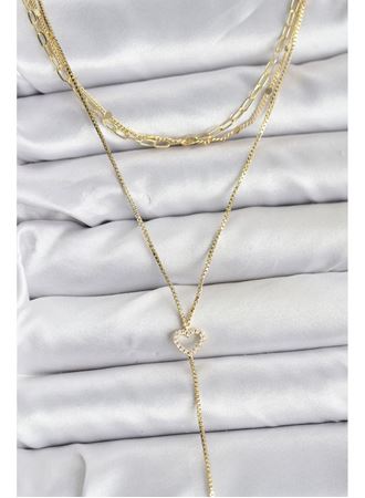 Pirinç Gold Renk Kalp Detaylı 3'lü Kombin Y Kadın Kolye