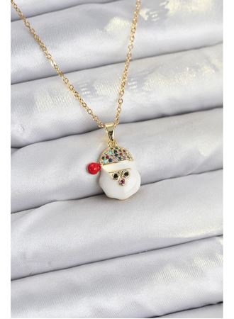 316L Çelik Zincir Gold Renk Şapkalı Kardan Adam Kafası Model Yılbaşı Temalı Kadın Kolye