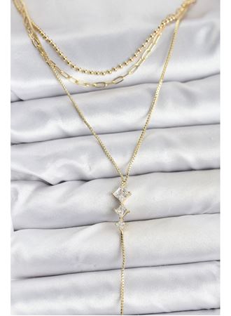 Pirinç Gold Renk Zirkon Taş Detaylı 3'lü Kombin Y Kadın Kolye