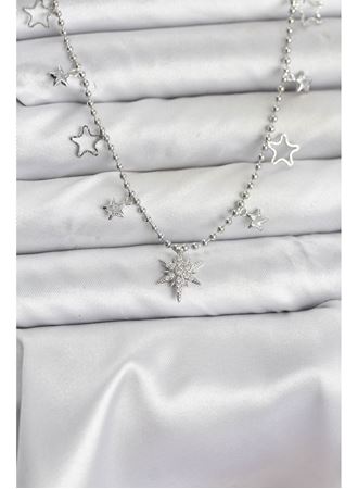 Pirinç Gümüş Renk Zirkon Taşlı Kutup Yıldızı Model Kadın Kolye