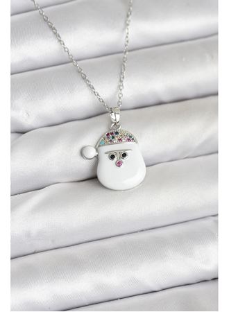 316L Çelik Zincir Gümüş Renk Şapkalı Kardan Adam Kafası Model Yılbaşı Temalı Kadın Kolye