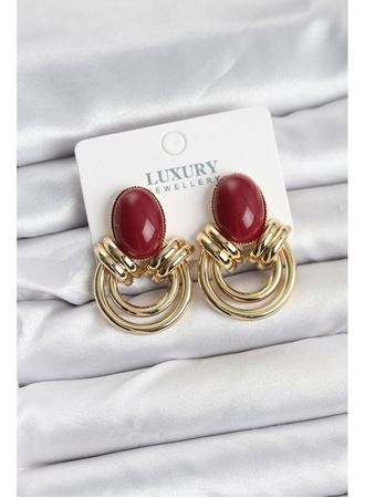 Pirinç Gold Renk Bordo Taşlı Vintage Kadın Küpe