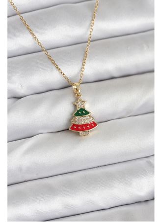 316L Çelik Zincir Gold Ren Çam Ağacı Model Zirkon Taşlı Yılbaşı Temalı Kadın Kolye