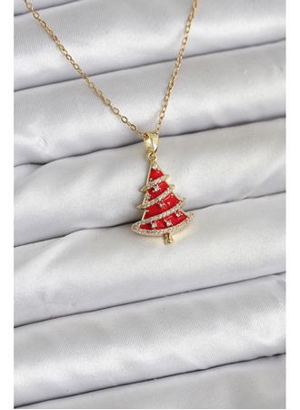 316L Çelik Zincir Gold Renk Kırmızı Çam Ağacı Model Yılbaşı Temalı Kadın Kolye